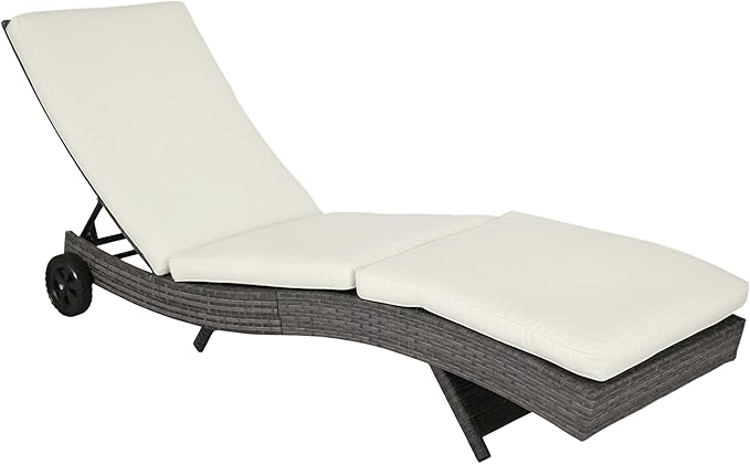 Outsunny Wicker Chaise Lounge Chair Outdoor PE Rattan Cushioned Patio Sun Lounger with 5-Level Adjustable Backrest & Wheels for Easy Movement, Cream White