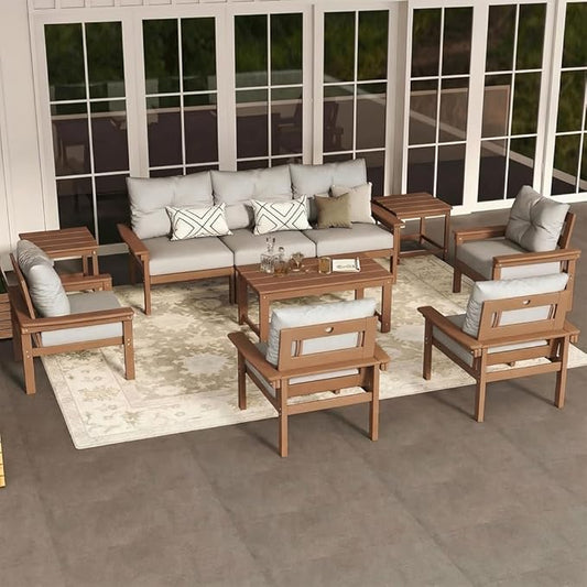 Teak HDPE Outdoor Patio Furniture Set, 10-Piece Patio Conversation Set with 3-Seat Sofa, 4 Armchairs, 2 Side Tables & 1 Coffee Table, All-Weather Outdoor Sofa Set for Deck, Porch, Garden