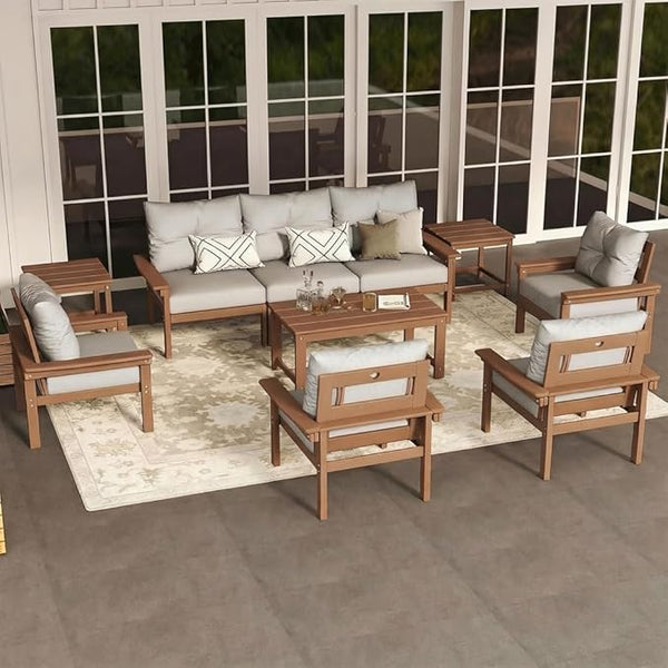 Teak HDPE Outdoor Patio Furniture Set, 10-Piece Patio Conversation Set with 3-Seat Sofa, 4 Armchairs - Photo 1