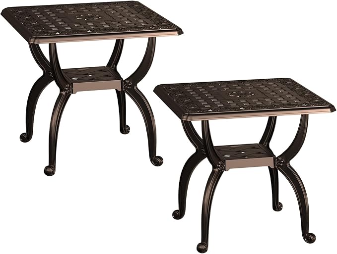 Square Outdoor Coffee Table Set of 2, Cast Aluminum Side Table with Storage,Indoor End Table, All-Weather Bistro Table for Patio Garden Lawn, Bronze