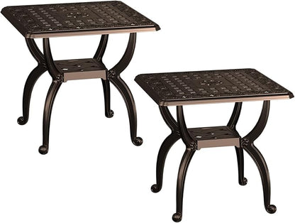 Square Outdoor Coffee Table Set of 2, Cast Aluminum Side Table with Storage,Indoor End Table, All-Weather Bistro Table for Patio Garden Lawn, Bronze