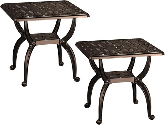 Square Outdoor Coffee Table Set of 2, Cast Aluminum Side Table with Storage,Indoor End Table, All-Weather Bistro Table for Patio Garden Lawn, Bronze
