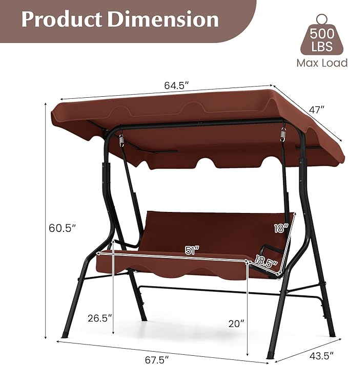 RELAX4LIFE 3-Person Porch Swing Chair - Outdoor Swing w/Adjustable Canopy, Removable Cushion & Metal Frame Stand - Photo 8