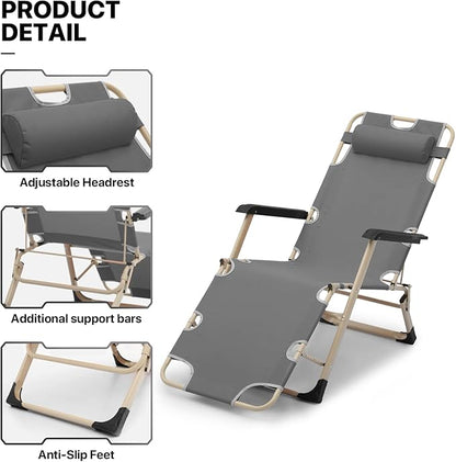 MoNiBloom Patio Lounge Chair Set of 2 Folding Lawn Lounger Outdoor Camp Reclining Chair with Adjustable Headrest for Garden Yard Pool Side, 330lbs Capacity