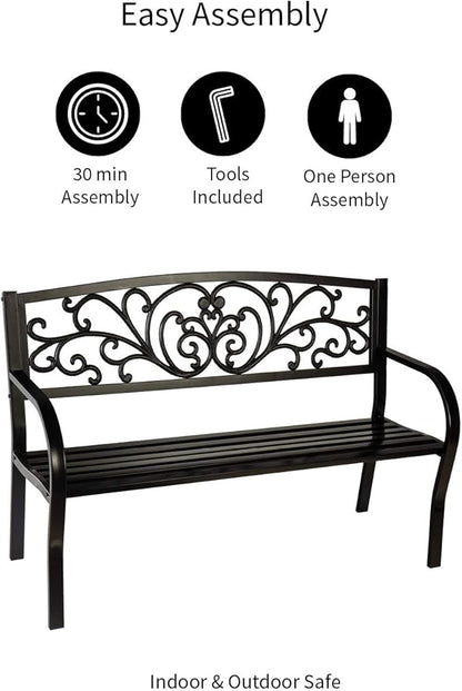 Evergreen Garden Weatherproof Outdoor Bench Blooming Garden | Holds Up to 300 lbs. | Furniture for Lawn Garden Patio Porch Park Deck | Steel | Black