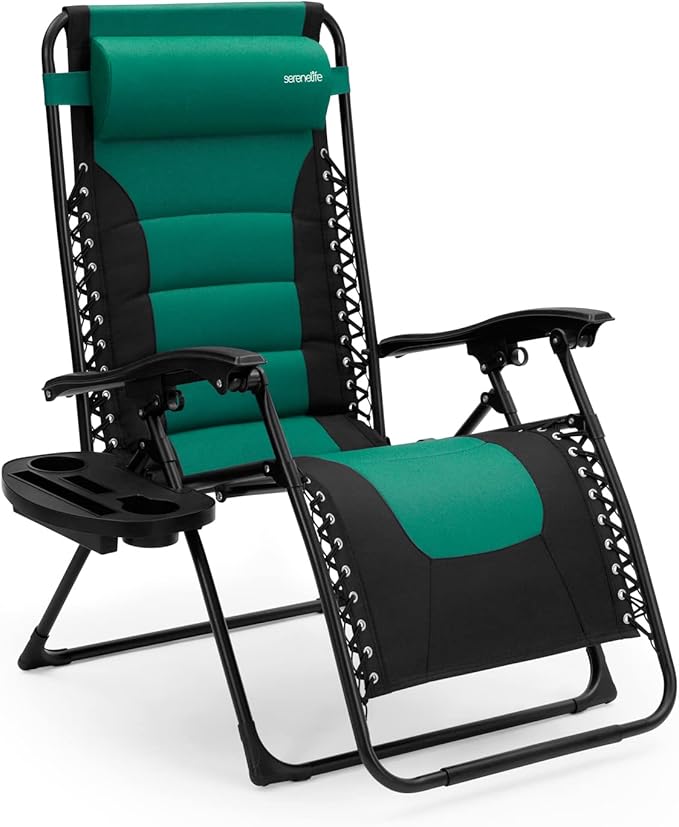 SereneLife Padded Zero Gravity Lounge Chair - Reclining Patio Chairs - Outdoor Lounge Chairs with Detachable Cup Holder Tray - Folding Recliner Chair with Removable Pillows - 1, Green and Black