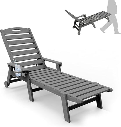 Outdoor Lounge Chairs, 78'' Long Patio Lounge Chair HDPE 5-Position Adjustable with Cup Holder & Rolling Wheels, Pool Lounge Chair for Sunbathing Tanning, Deck, Poolside -Grey