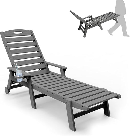 Outdoor Lounge Chairs, 78'' Long Patio Lounge Chair HDPE 5-Position Adjustable with Cup Holder & Rolling Wheels, Pool Lounge Chair for Sunbathing Tanning, Deck, Poolside -Grey