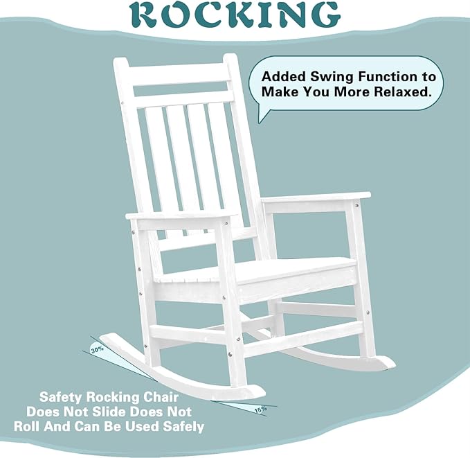 Outdoor Rocking Chair for Adults, High Back Patio Rocking Chair, HDPE All Weather Resistant Porch Rocker for Lawn, Porch, Backyard, Indoor and Garden (White)