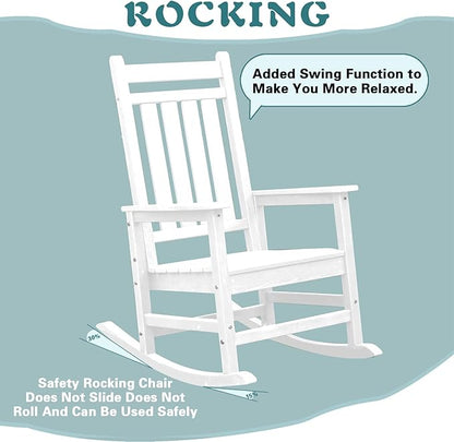 Outdoor Rocking Chair for Adults, High Back Patio Rocking Chair, HDPE All Weather Resistant Porch Rocker for Lawn, Porch, Backyard, Indoor and Garden (White)