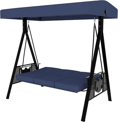 MUPATER 2-in-1 Swing Chair for Outside, Patio Porch Swing Chair, 3-Seat Outdoor Canopy Swing Glider with Stand and Cushion for Patio, Backyard and Deck, Blue