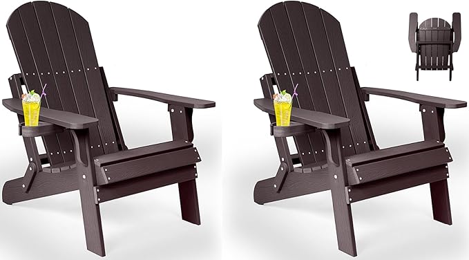 Folding Adirondack Chairs Set of 2, All Weather Resistant Plastic Chair with Cup Holder, Fold or Unfold Easily in 1 Second, Outdoor Chairs for Patio, Garden, Backyard Deck, Lawn Fire Pit(Brown)