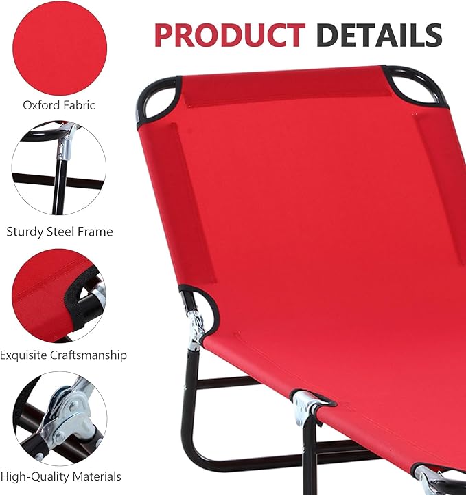 Folding Chaise Lounge Pool Chairs, Outdoor Sun Tanning Chairs with 5-Level Reclining Back, Steel Frame for Beach, Yard, Patio(Red)