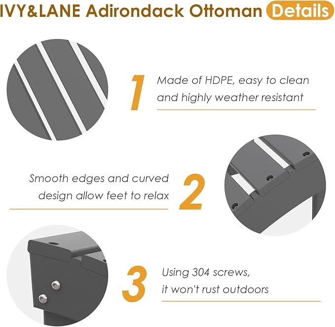 IVY&LANE Outdoor Adirondack Ottoman | Folding | HDPE | Grey | All Weather - Photo 5