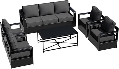 Outdoor Aluminum Furniture Set, 6-Piece Patio Conversation Set, 4 Chairs 1 Sofa and 1 Table, All-Weather Metal Frame, 6" Thick Removable Cushions, Deep Setting for Garden, Poolside and Porch