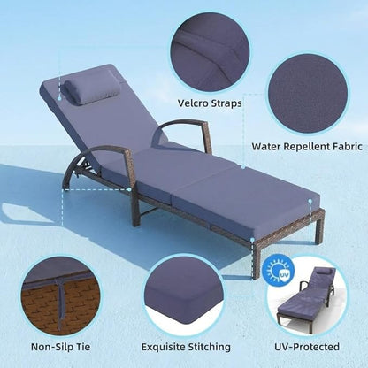 GarveeLife Outdoor Wicker Chaise Lounge Chair with Cushion, Metal Frame Patio Reclining Lounge Bed, All-Weather Rattan Sun Lounger for Poolside, Garden, Backyard & Balcony,Brown Wicker, Blue Cushion