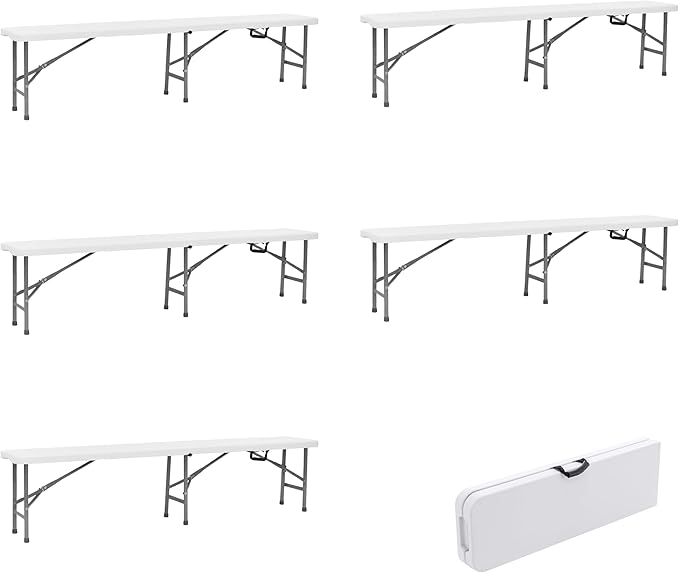 BTEXPERT Set of 5, 6 feet Plastic Folding Bench Indoor Outdoor Portable Picnic Party Garden Dining Seat Camping Soccer Multipurpose Activities w/Handle UV Waterproof Steel Frame Stackable Fold-in-Half