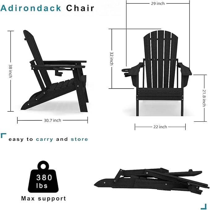 Folding Adirondack Chair Set of 6，Wooden Textured Fire Pit Chair with Cup Holder, Heavy All-Weather HDPE Plastic Outdoor Patio Chairs for Poolside Backyard Patio Outdoor Garden