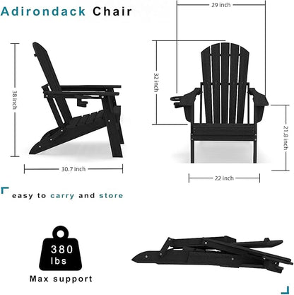 Folding Adirondack Chair，Wooden Textured Fire Pit Chair with Cup Holder, Heavy All-Weather HDPE Plastic Outdoor Patio Chairs for Poolside Backyard Patio Outdoor Garden