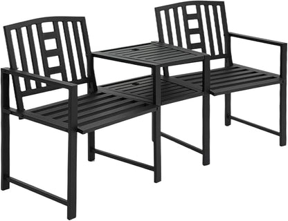 Outsunny Metal Garden Bench with Middle Table and Umbrella Hole, 2-in-1 Double Patio Chairs, Outdoor 2-Person Tete-a-Tete, Slatted, Black