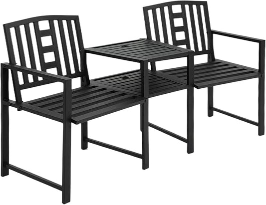 Outsunny Metal Garden Bench with Middle Table and Umbrella Hole, 2-in-1 Double Patio Chairs, Outdoor 2-Person Tete-a-Tete, Slatted, Black