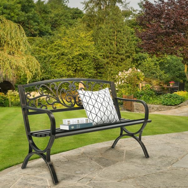 Patio Outdoor Park Loveseat Bench for Garden Porch Deck Made Cast Iron Anti-Rust Aluminum Metal, 2-3 Seater (50 Inch Butterfly Back Cross Feet Bronze Iron Bench)