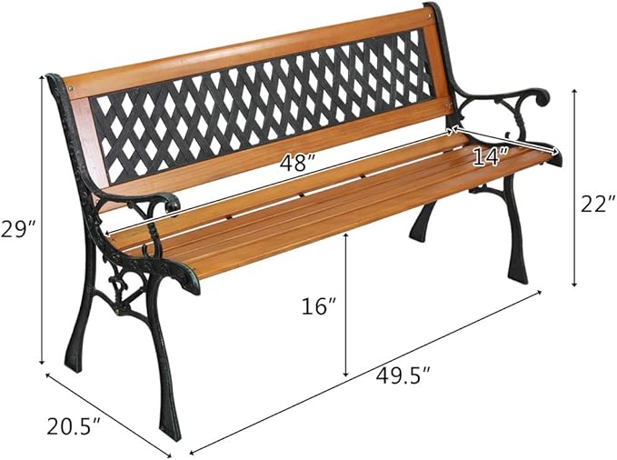 49.5in Outdoor Metal Garden Bench- Front Porch Wood Love Seat w/PVC Backrest - Photo 3