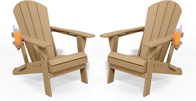 Folding Adirondack Chair with Cup Holders Set of 2, HDPE Plastic Outdoor Chairs, Weather Resistant, Real Wood Look for Patio, Deck, Fire Pit, Backyard, Brown