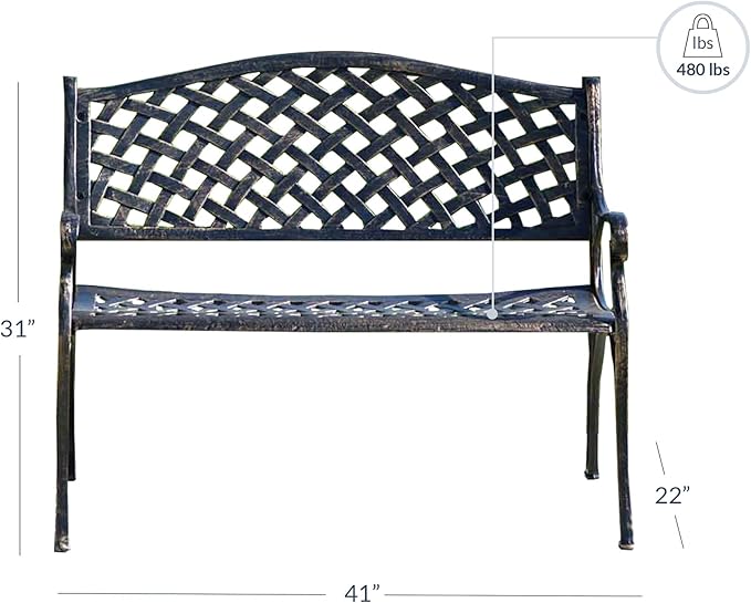 BELLEZE Patio Outdoor Garden Bench, 40 inch Cast Aluminum Loveseat Chairs with Armrests for Park, Yard, Porch, Lawn, Balcony, Backyard, Antique Seat Furniture, Bronze