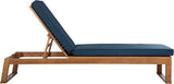 SAFAVIEH Outdoor Collection Solano Natural Brown Solid Wood/Navy Blue Cushion Patio Adjustable Chaise Lounge Chair - Photo 1
