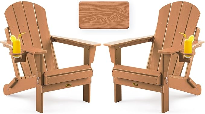 Folding Adirondack Chair, Patio Chair Wood Texture, Outdoor Chair Weather Resistant, Fire Pit Chair with Cup Holder, Composite Adirondack Chair Set of 2-(Teak)