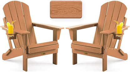 Folding Adirondack Chair, Patio Chair Wood Texture, Outdoor Chair Weather Resistant, Fire Pit Chair with Cup Holder, Composite Adirondack Chair Set of 2-(Teak)