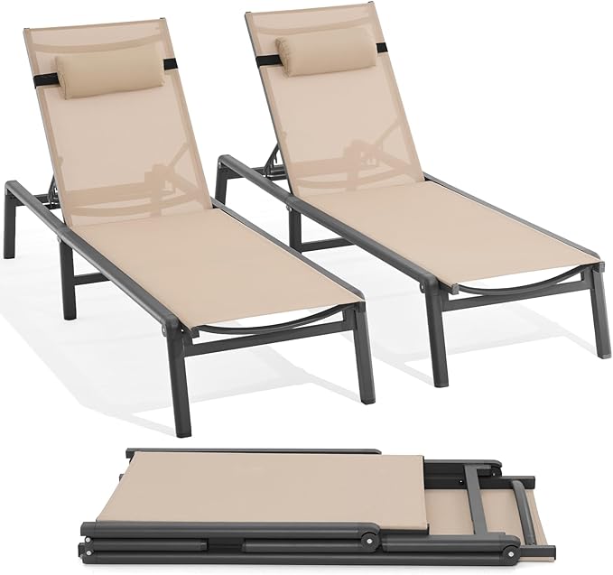 ONBRILL 2 PCS Chaise Lounge Chair Outdoor, Foldable & Assembly Free Outdoor Lounge Chair with 5 Position Adjustable Backrest, Aluminum Pool Lounge Chairs for Outside Poolside Patio Beach Lawn, Khaki