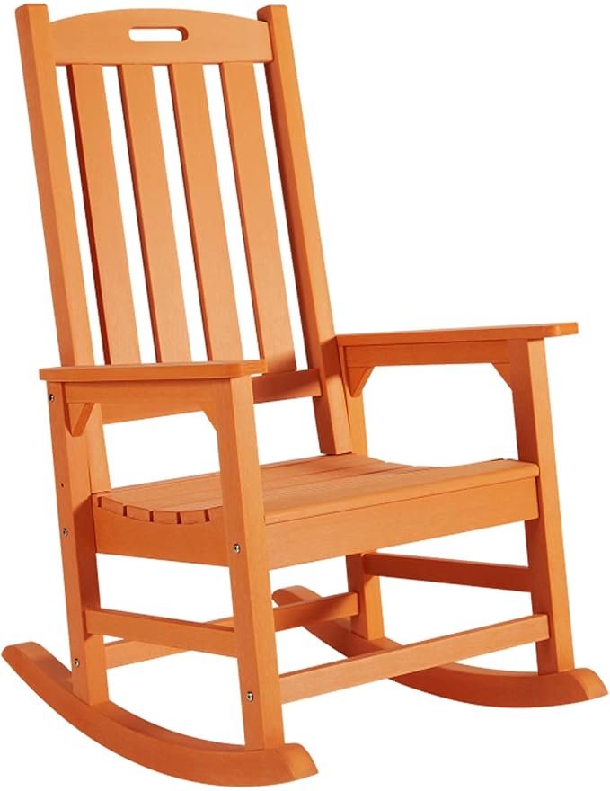 Psilvam Oversized Outdoor Rocking Chair, with 21" Wide Seat and 32" Tall Backrest, Pre-Assembled with Most Components for Effortless Installation (Orange)
