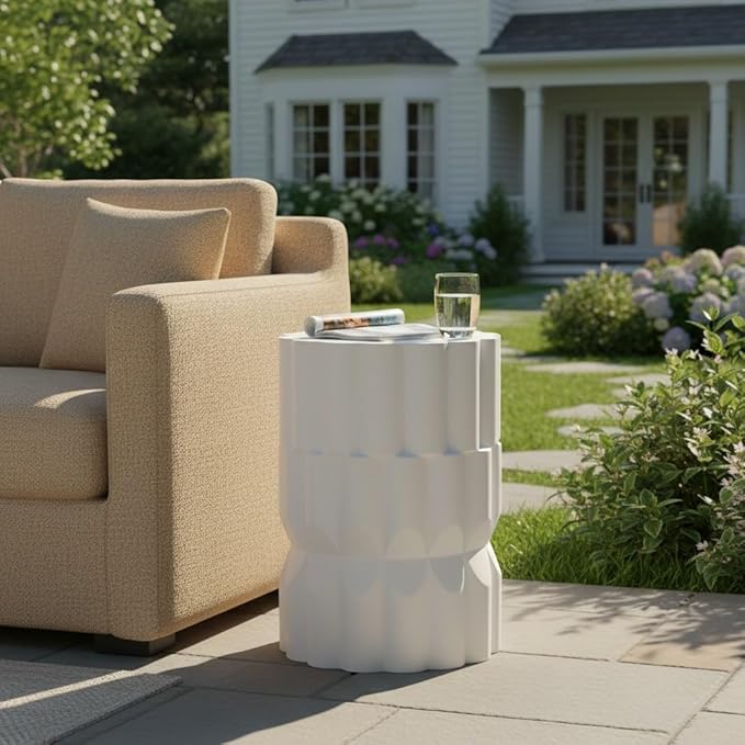 Christopher Knight Home Ella Lightweight Modern Concrete Outdoor Side Table, Patio End Table with Geometric Stacked Design, MGO Outdoor Coffee Table, No Assembly Garden Plant Stand Indoor, White