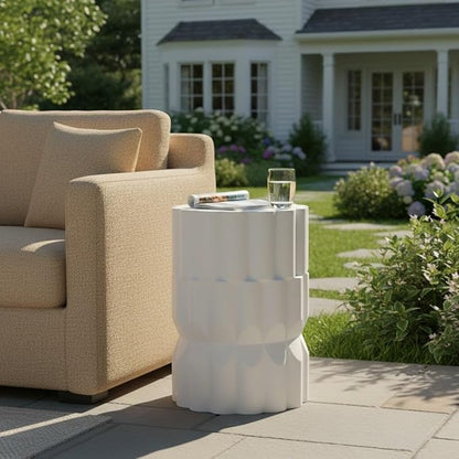 Christopher Knight Home Ella Lightweight Modern Concrete Outdoor Side Table, Patio End Table with Geometric Stacked Design, MGO Outdoor Coffee Table, No Assembly Garden Plant Stand Indoor, White