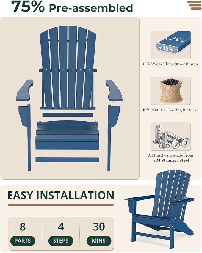 BRIOPAWS Adirondack-Chairs-Set of 4 | Fire Pit Chair | Oversized | HDPE Plastic | Weather Resistant | for Deck Outdoor Poolside Campfire | Blue
