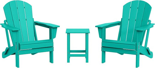 WestinTrends Malibu 3-Pieces Adirondack Chairs Set with Side Table, All Weather Outdoor Seating Plastic Patio Lawn Chair Folding for Outside Porch Deck Backyard, Turquoise