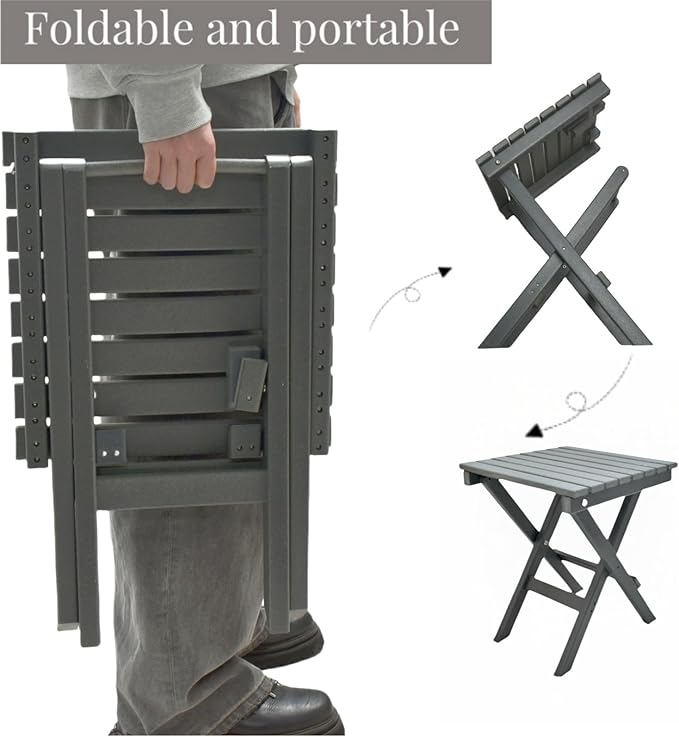 HDPE Outdoor Side Table Small End Square Table Folding Coffee Furniture for Patio, Garden, Balcon, Pool, Outside Portable Grey