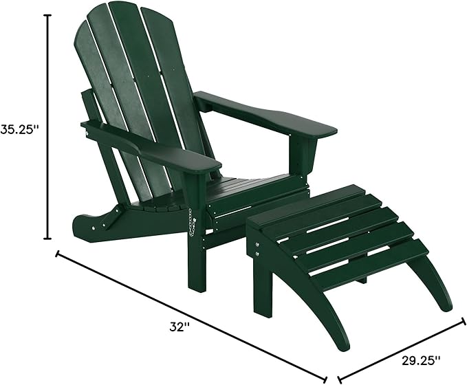 WO Home Furniture Adirondack Chair Outdoor Ottoman Set of 2 PCS Classic Patio Furniture (Dark Green)