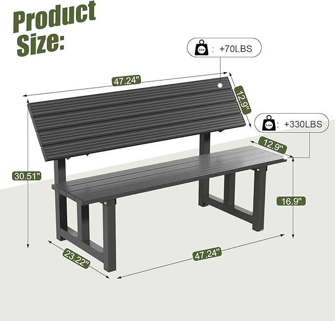 TECSPACE 47 Inches Aluminum Picnic Table Bench Black, Covertible Outdoor Bench with 400 LBS Weight Capacity for Park - Photo 3
