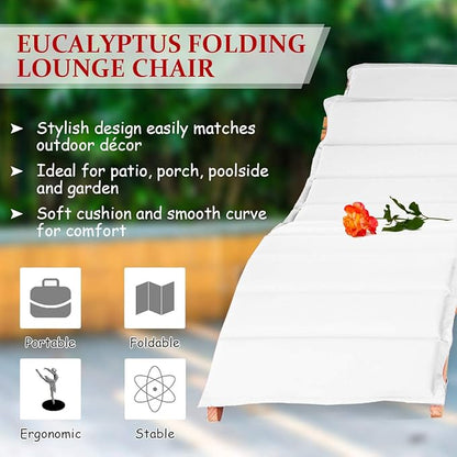 Tangkula 3 Pcs Folding Patio Solid Eucalyptus Wood Lounge Chair Set, Outdoor Lounger Chair w/Foldable Side Table, Double-Sided Cushion Lounger Chairs Set for Garden Lawn Backyard(Red & White)