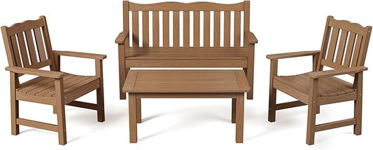 Stoog HIPS Outdoor Patio Dining Set, 4-Piece All-Weather Garden Bench, Chairs and Table Set, Patio Dining Set for Backyard, Lawn, Deck and Porch, Teak