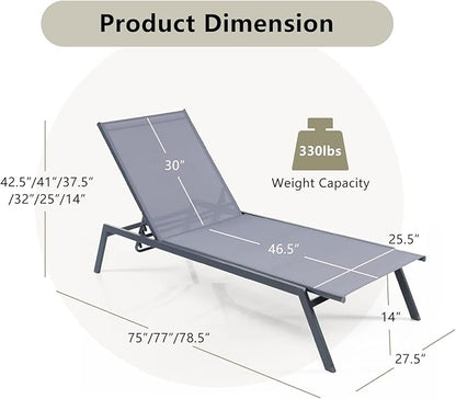 Giantex Patio Chaise Lounge Chair - Set of 2 Sunbathing Chair with Lay Flat Position, 6 Adjustable Positions, Outdoor Reclining Chair with Quick-Drying Fabric for Patio Poolside Backyard (2, Gray)