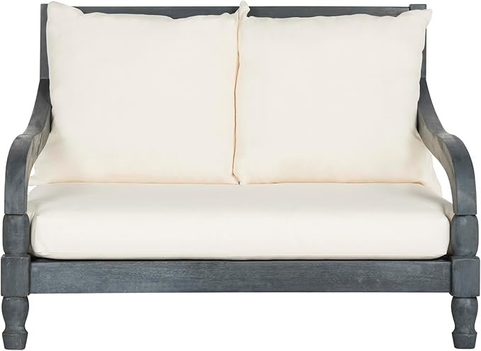 SAFAVIEH Outdoor Collection Pomona Ash Grey Solid Wood/Beige Lounger Bench Sofa Loveseat (PAT6740B) - Photo 1