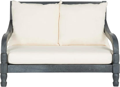SAFAVIEH Outdoor Collection Pomona Ash Grey Solid Wood/Beige Lounger Bench Sofa Loveseat (PAT6740B)