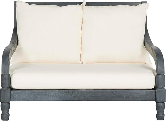 SAFAVIEH Outdoor Collection Pomona Ash Grey Solid Wood/Beige Lounger Bench Sofa Loveseat (PAT6740B)