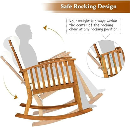 Pemberly Row 2-Pcs Acacia Wood Outdoor Rocking Chairs, Brown Finish, Ergonomic Design with Weather-Resistant Cushions, Rustic Style Porch or Patio Seating, 36.5" H x 25" W x 35.5" L