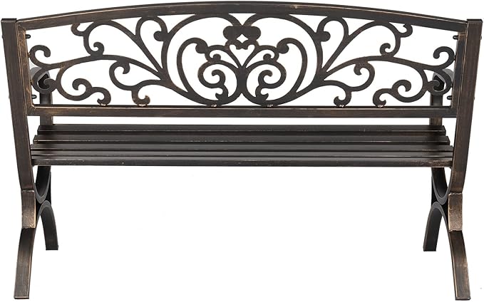 50in Bronze Iron Bench,Outdoor Garden Bench, Cast Iron Metal Frame Patio Park Bench with Butterfly Pattern Backrest, Arch Legs for Porch, Lawn, Yard