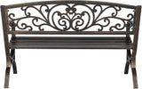 50-Inch Outdoor Garden Bench, Cast Iron Metal Frame with Floral Backrest, Bronze Patio Bench for Porch, Lawn, or Park - Photo 7